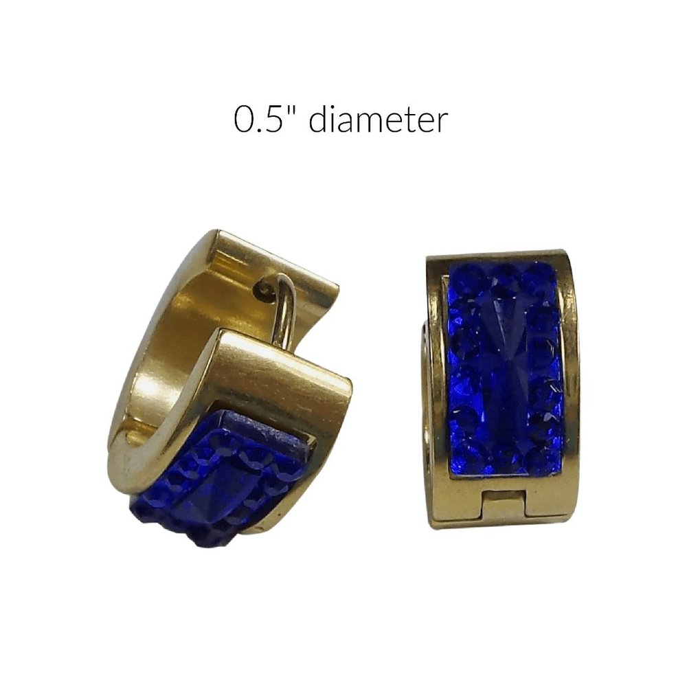 Gold Plated Stainless Steel Round Huggies Earrings Dark Blue Pave Crystals - Picture 2 of 3